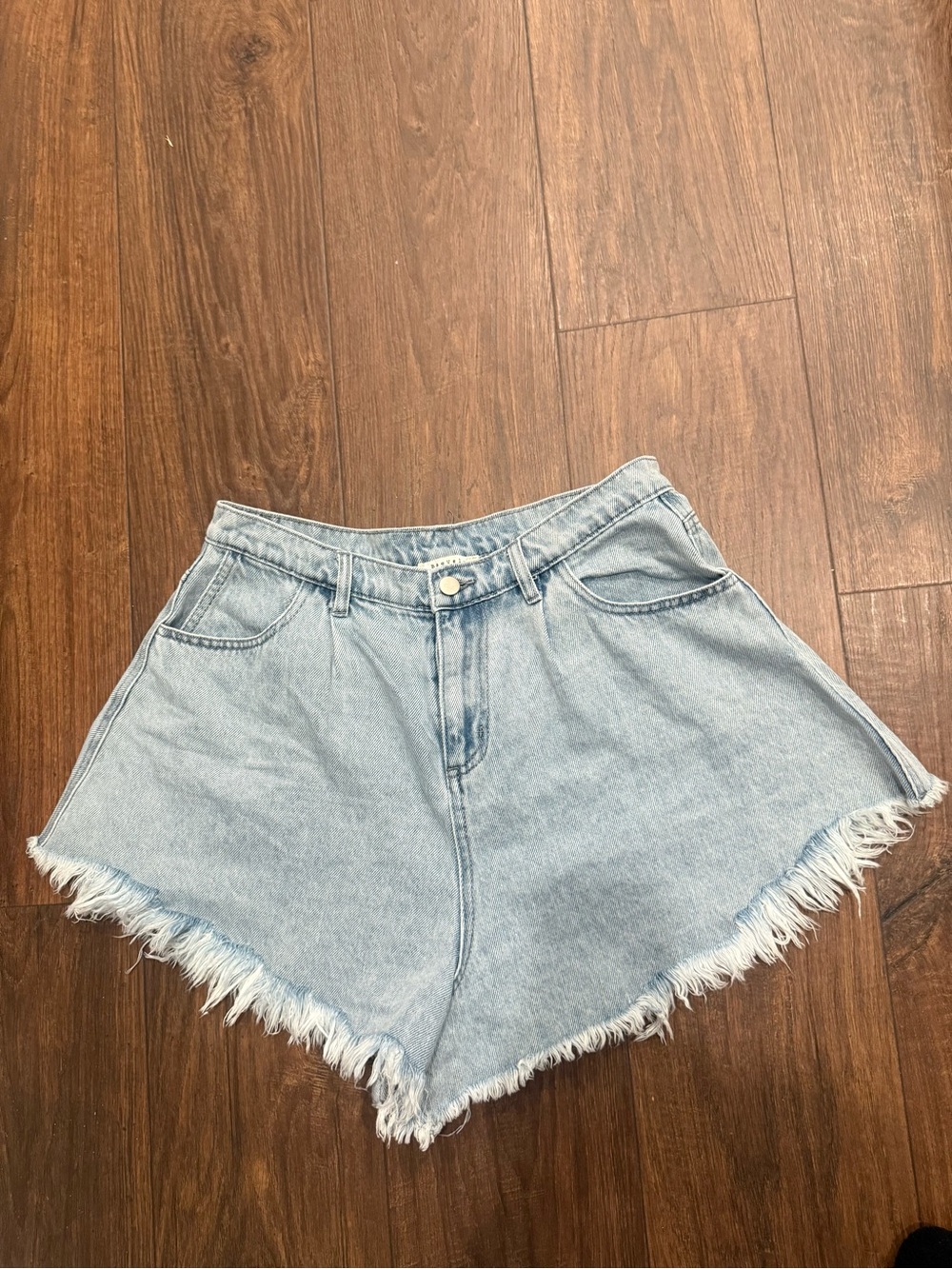 High-Rise Light Blue Frayed Hem Denim Shorts